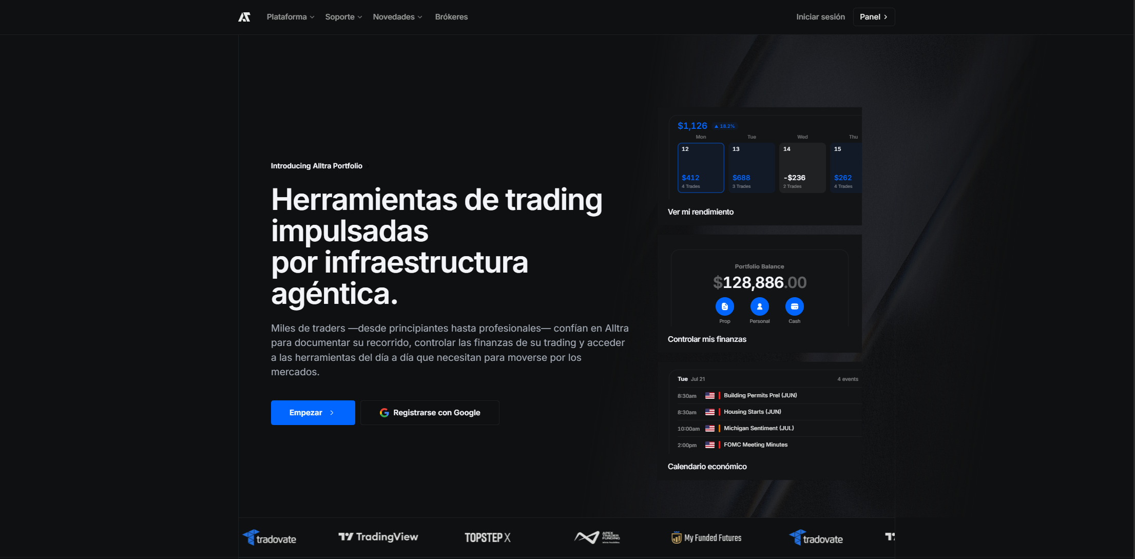 The Alltra home page in Spanish, with the performance, portfolio and economic calendar cards