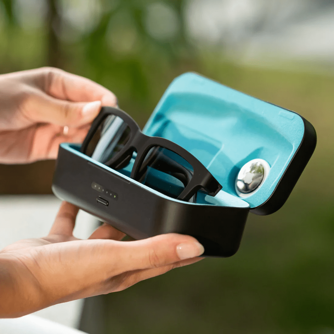 the portable smart rechargeable case for the dusk smart sunglasses